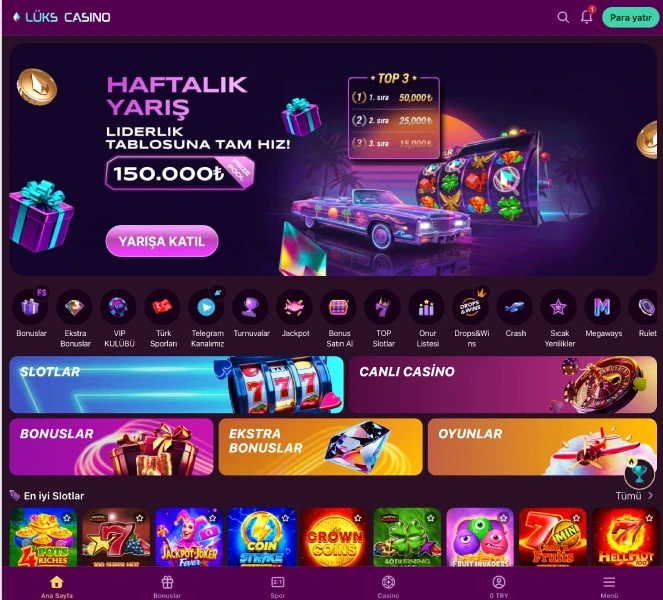 Lukscasino Turkiye main lobby screen with a Weekly Race banner, quick category icons and a Top Slots row